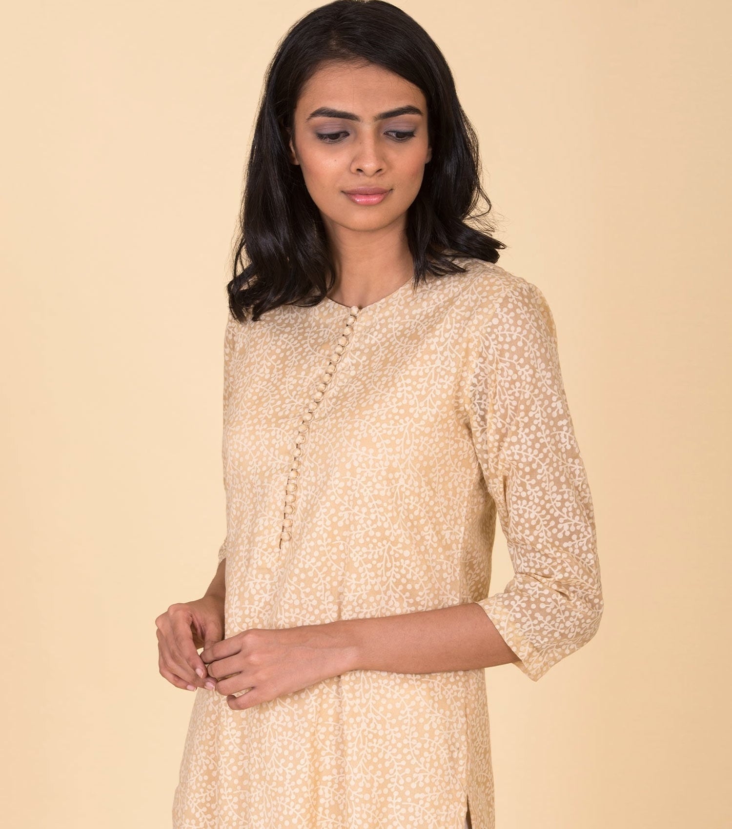 Beige Floral Printed Kurta