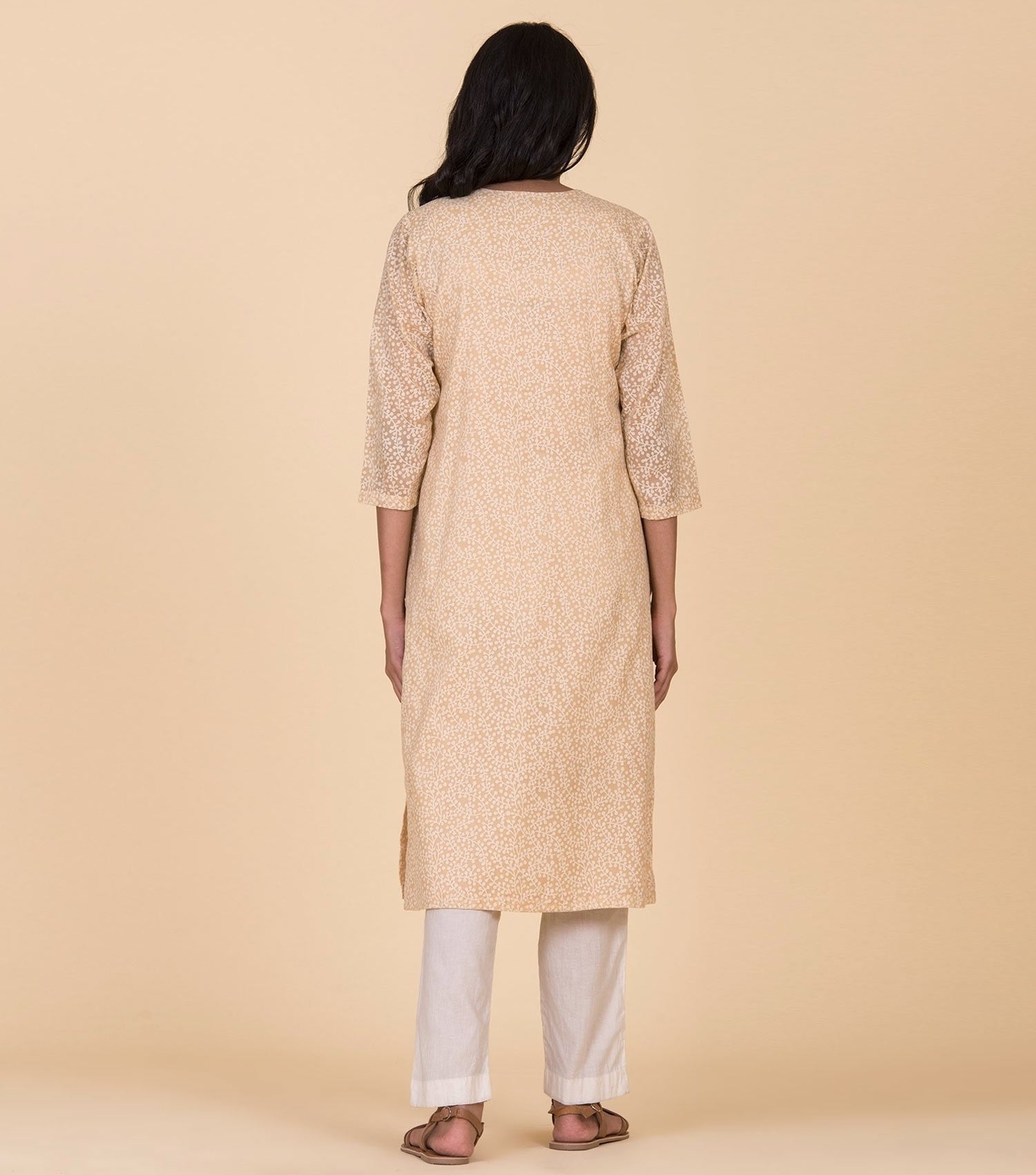 Beige Floral Printed Kurta